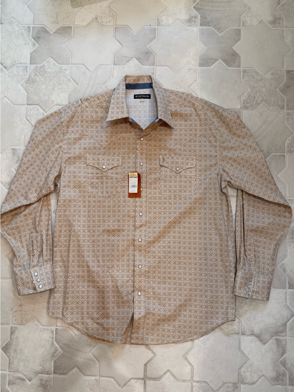Stetson Pearl Snap Tan Pattern Button Down Shirt XL, BNWT